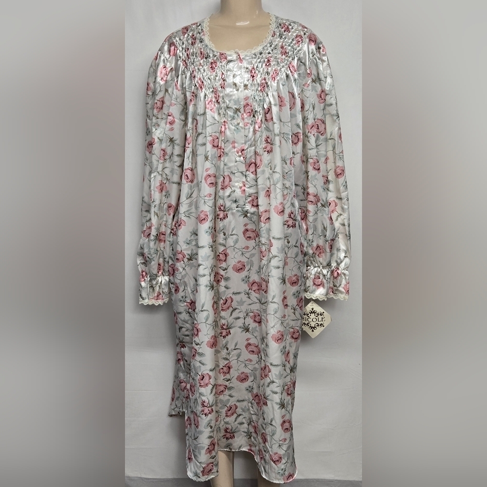 Nicole 1X Long Nightgown Ruched Long Elastic Ruffle Sleeve Floral Vintage